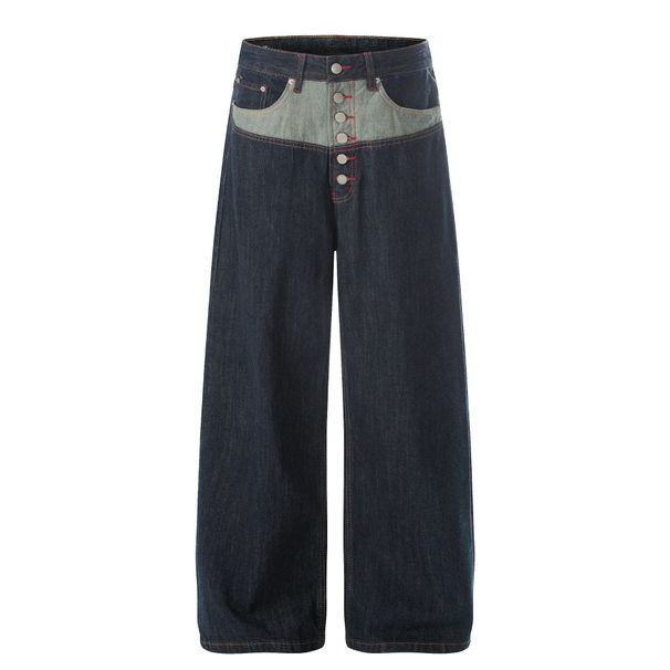 Men's Wide Leg Slightly Curved Jeans High Street Style High End Color Block Patchwork Raw Denim Design For Men And Women_mkmklike.com