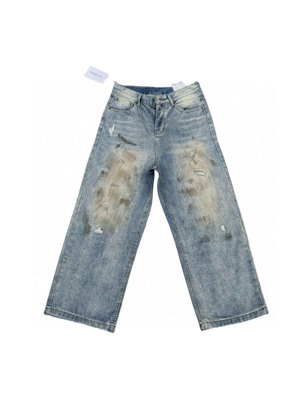 Men's Clothing Classic Style Unisex Faded Smudged Wide Leg Dirty Pants Mud Dyed Jeans_mkmklike.com