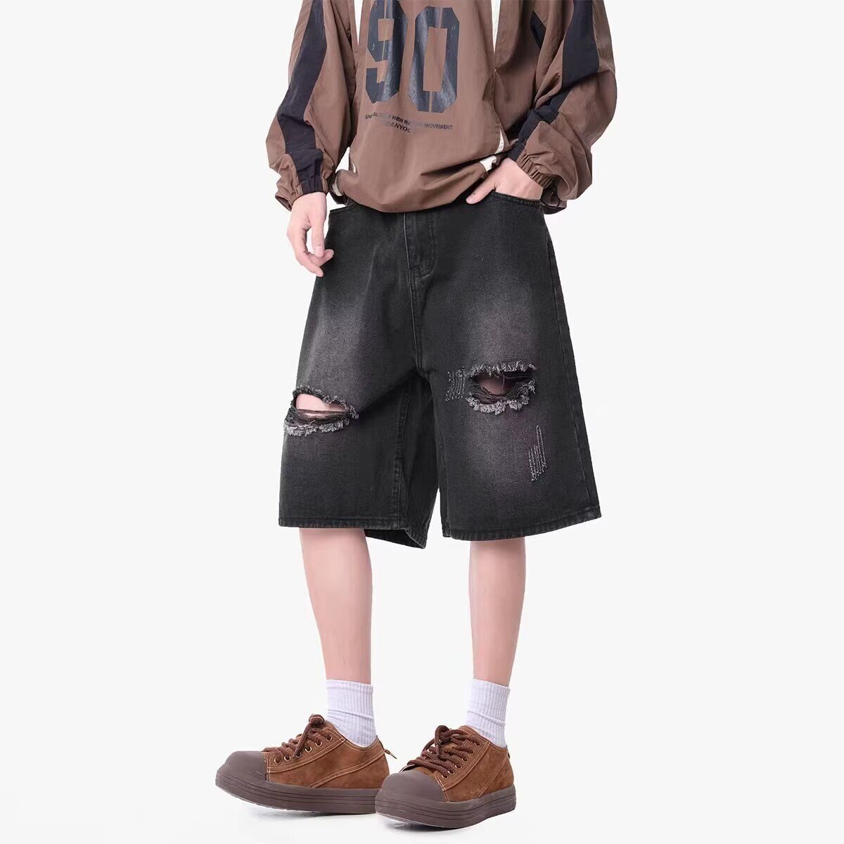 Men's Ripped Denim Shorts Summer Thin Straight Leg Casual Five Point Pants High Street Trend Style_mkmklike.com