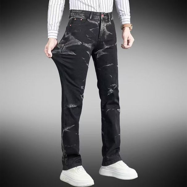 Fashion High Street Printed Stretchy Slim Fit Skinny Jeans for Men with Splatter Paint Trend mid Waist Long Cotton Jeans_mkmklike.com