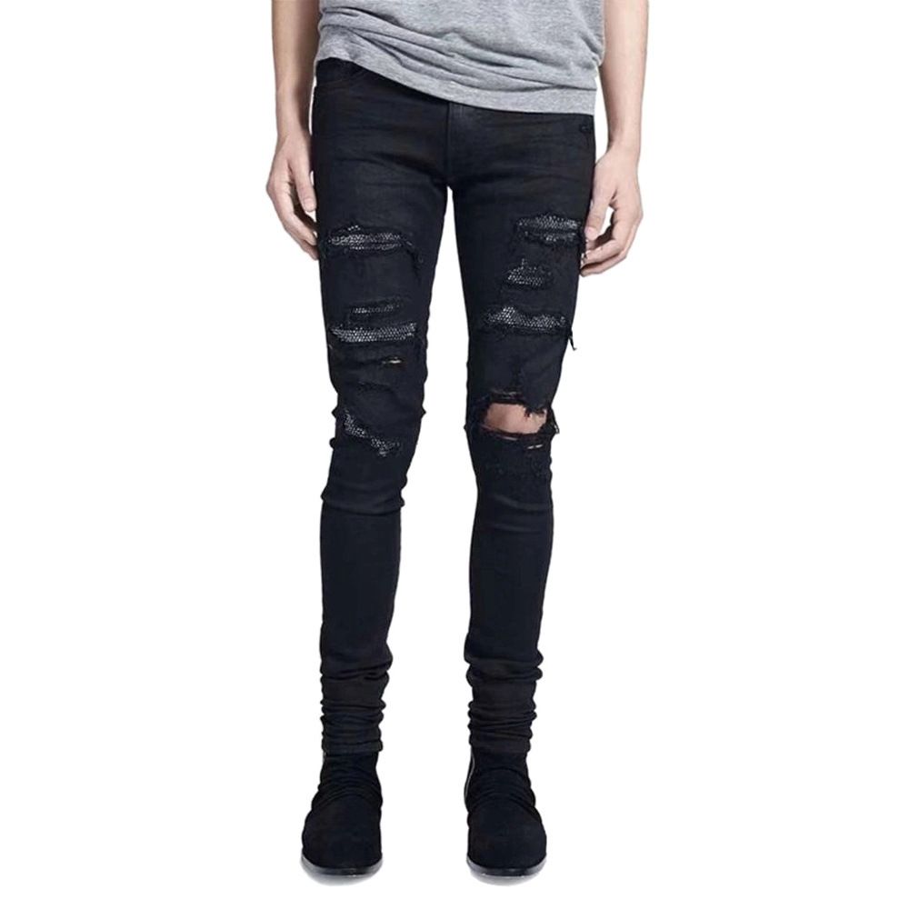 Suitable For All Seasons 2024 Rhinestone Studded Distressed Black Personality Slim Fit Stretch Men's Jeans_mkmklike.com
