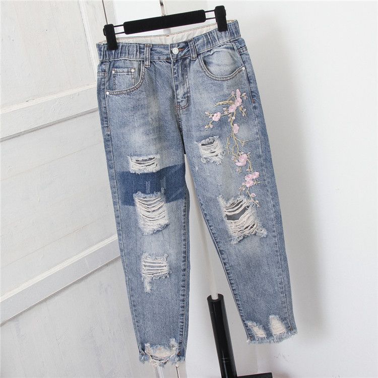 New Plus Size Women's Clothing 200 Pounds Fat MM Nine Point Hole Denim Harem Pants Loose Beggar Nine Point Pants_mkmklike.com