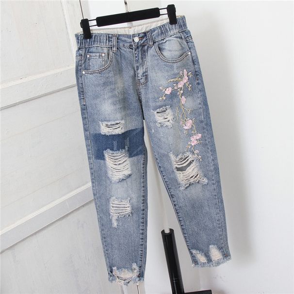 New Plus Size Women's Clothing 200 Pounds Fat MM Nine Point Hole Denim Harem Pants Loose Beggar Nine Point Pants_mkmklike.com