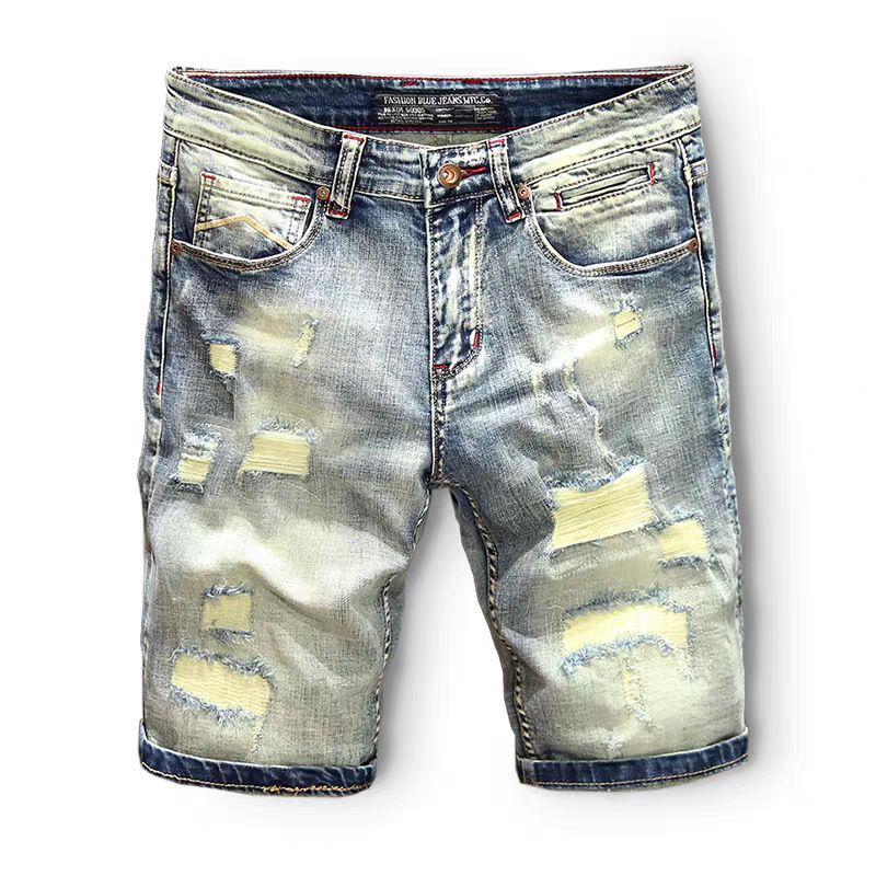 Men's Clothing Summer Personality Hole Denim Shorts Fashion Trend Handsome Casual Shorts Light Blue Ripped Pants_mkmklike.com