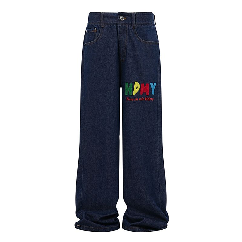 Suitable For All Seasons American Style Men's Jeans Washed Multi-Pocket Butterfly Lightning Letter Embroidery Wide-Leg Loose Long Pants_mkmklike.com