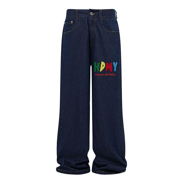 Suitable For All Seasons American Style Men's Jeans Washed Multi-Pocket Butterfly Lightning Letter Embroidery Wide-Leg Loose Long Pants_mkmklike.com