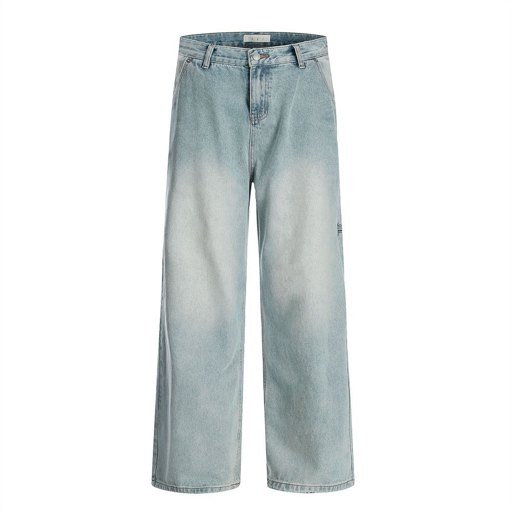 Punk Washed Jeans For Men, Distressed Loose Wide-Leg Pants, Light Color Straight-Leg Dad Pants_mkmklike.com