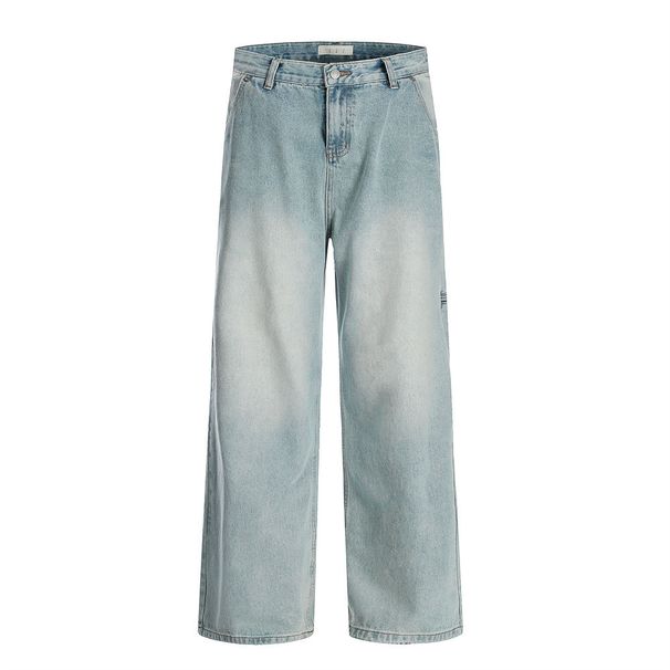 Punk Washed Jeans For Men, Distressed Loose Wide-Leg Pants, Light Color Straight-Leg Dad Pants_mkmklike.com