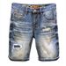 Men's Clothing Ripped Denim Shorts Trendy Retro Blue Distressed Straight Shorts Elastic Slim Fit Mended Shorts_mkmklike.com
