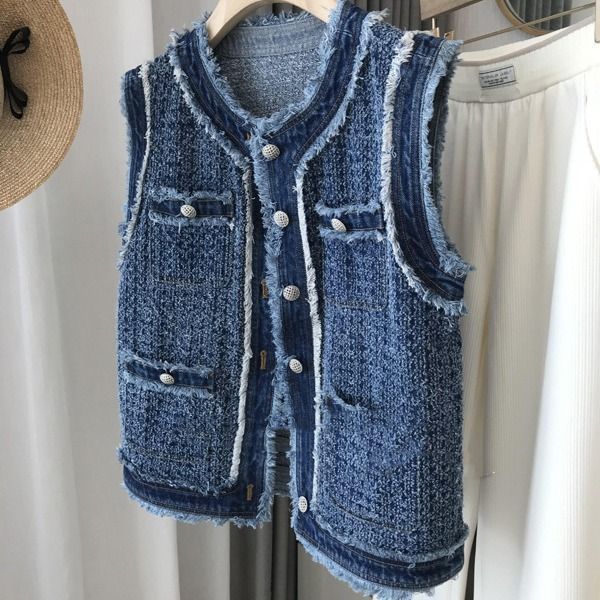 Women's Clothing Super Beautiful Exquisite Light Luxury Heavy Work Style Personality Retro Small Fragrance Style Crochet Raw Edge Denim Vest_mkmklike.com
