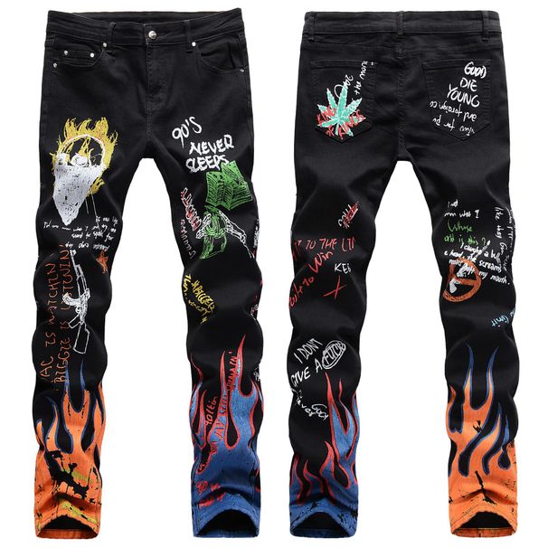 Men's Clothing Men's Slim-Fit Graffiti Print Jeans – Stretch Cotton Denim With Skull Art (85% Cotton, Mid-Rise, Distressed Wash)_mkmklike.com