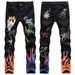 Men's Clothing Men's Slim-Fit Graffiti Print Jeans – Stretch Cotton Denim With Skull Art (85% Cotton, Mid-Rise, Distressed Wash)_mkmklike.com