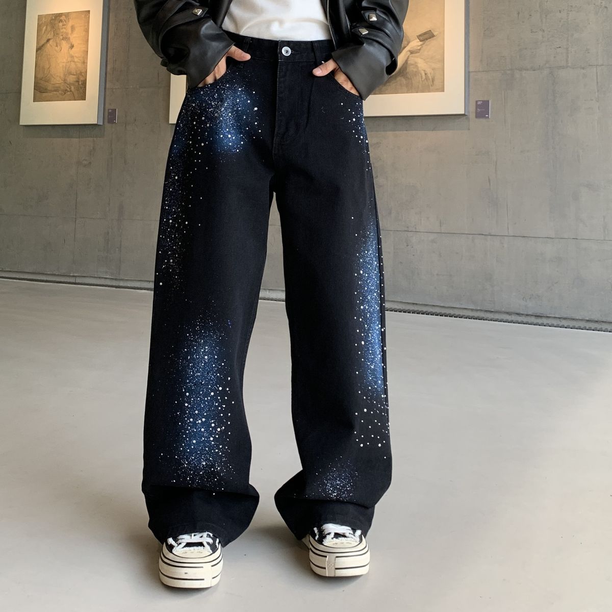 Galaxy Black Men's Streetwear Jeans - Loose Fit Straight Leg With Rhinestone Design, Trendy & Stylish For Casual Wear_mkmklike.com