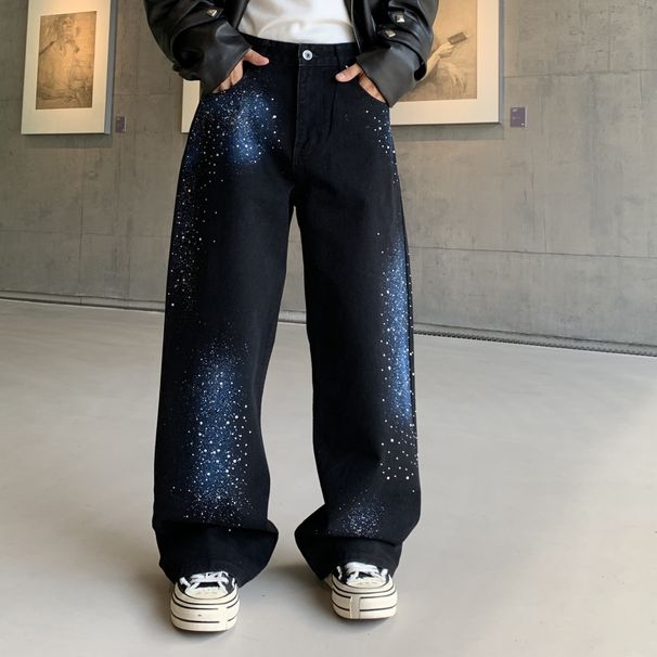 Galaxy Black Men's Streetwear Jeans - Loose Fit Straight Leg With Rhinestone Design, Trendy & Stylish For Casual Wear_mkmklike.com