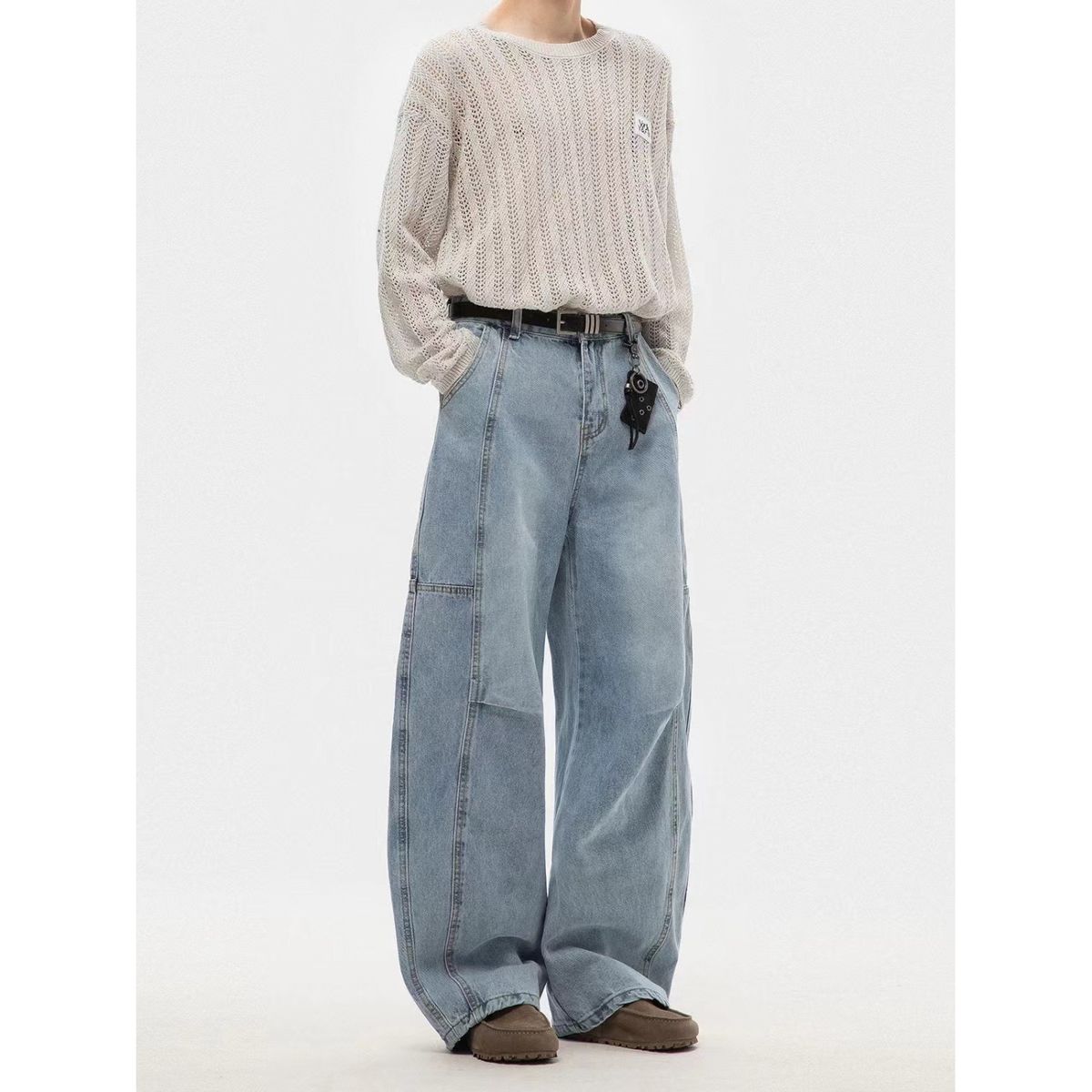 Japanese Retro Washed Denim Jeans For Men & Women - Loose Straight Leg Trousers With Deconstructed Wide Cuff & Pleated Design_mkmklike.com