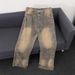 Men's Clothing Retro Washed Thorn Jacquard Jeans Men's American High Street Vibe Straight Loose Wide Leg Flared Casual Pants_mkmklike.com