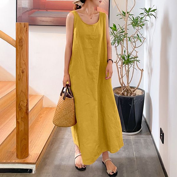 Women's Clothing new long version sling cotton and linen simple style loose pocket round neck temperament sleeveless dress _mkmklike.com