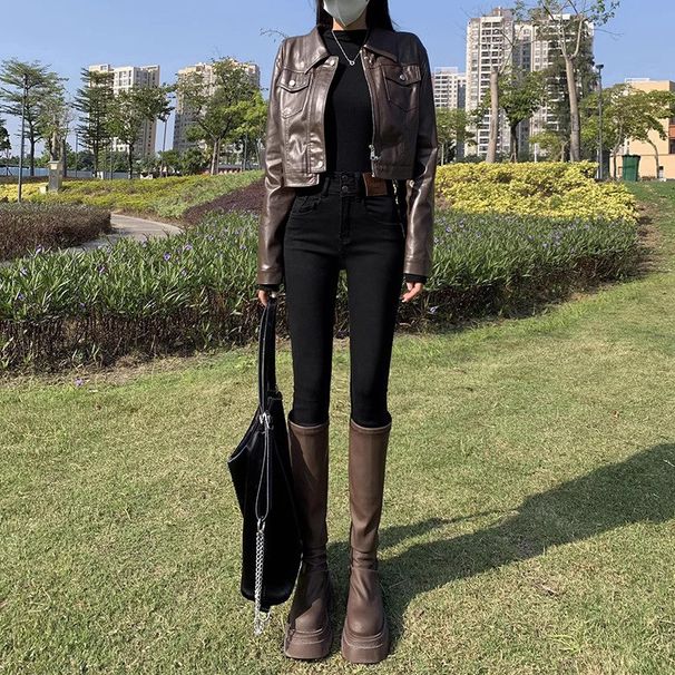 ELLE Black Skinny Jeans For Women, Autumn And Winter New High-Waisted Slim Fit Petite Stretchy Ankle-Length Pencil Pants_mkmklike.com