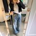 Summer American Retro Washed Blue Distressed Curved Knife Jeans Women's Loose Fit Slimming Straight Leg Wide Leg Floor Length Pants_mkmklike.com