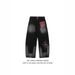 Men's Clothing Heavy Craft Embroidery Retro Red Checkered Patch Stitching Distressed Washed Black Wide Leg Jeans Drape Mopping Pants_mkmklike.com