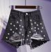 Embellished Denim Shorts Stylish Beaded High-Waisted Casual Shorts ( Cotton-Poly Blend, Distressed Hem & Rhinestone Accents, Comfortable Loose Fit)_mkmklike.com