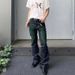 Unisex High-Waist Flared Jeans, Raw Deep Blue With Neon Green Zigzag Embroidery, Y2K Summer Streetwear_mkmklike.com