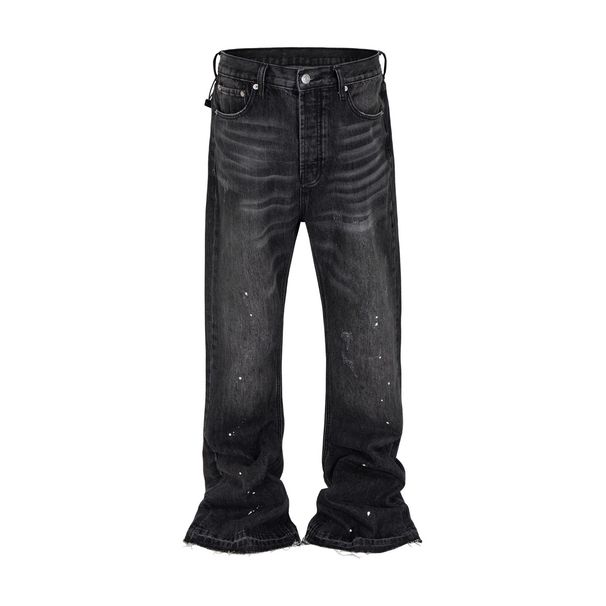JDKZ Men's Retro Paris Style Ink Splashed Jeans High Street Trendy Brand Straight Leg Slightly Flared Raw Edge Trousers_mkmklike.com