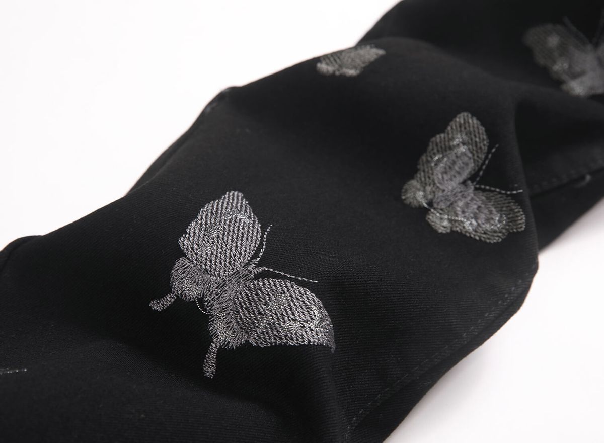 Men's Black High-Street Stretch Flared Jeans With Butterfly Embroidery – Slim Fit Retro Nightclub Denim Pants_mkmklike.com