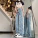 Women's Jeans With Pentagram Patches, New Spring And Autumn Style, Loose Wide-leg Long Pants, Embroidered High-waisted,_mkmklike.com