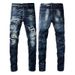 Men's Clothing Washed Old Cat Whisker Patch Hole Elastic Slim Fit Skinny Pants Ink Splash Jeans_mkmklike.com