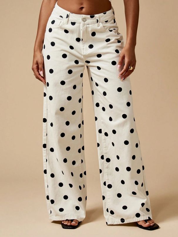 Women's Polka Dot Loose Casual mid Waist Non Stretch Denim Jeans European American Style Cross Border Sourcing New_mkmklike.com