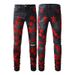 Fashion Casual Slim Fit Handsome Jeans Men's PU Pentagram Patch Splicing Trendy American High Street Ripped Stars_mkmklike.com