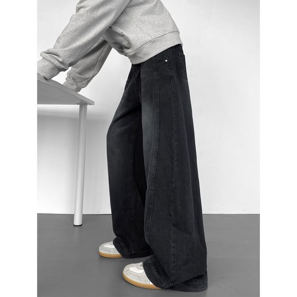 Men's Washed Distressed Patchwork Jeans - High Street Baggy Wide Leg Pants With Vintage Wash For Urban Streetwear_mkmklike.com
