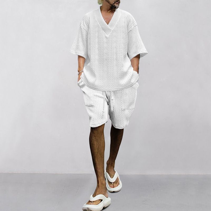 2024 Casual Jacquard Summer Loose Short sleeved T-shirt Shorts V-neck Sports Two piece Set for Men_mkmklike.com