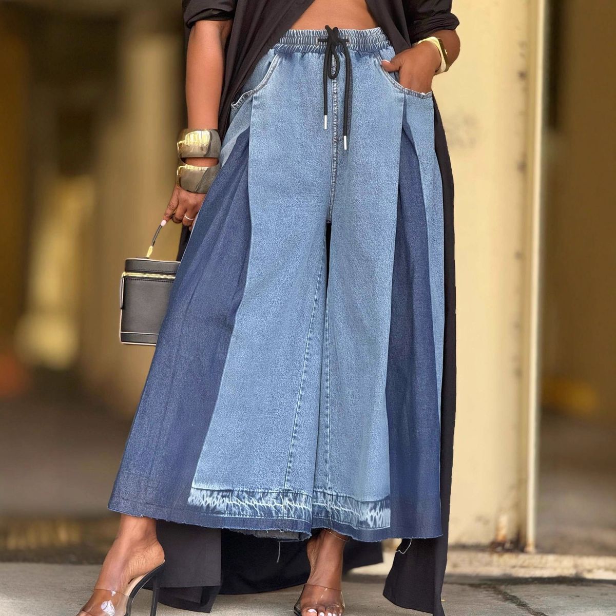 Women's Color Block Wide Leg Cropped Jeans Street Style Elastic Drawstring Pleated 2026 New Style Cross Border Independent Website_mkmklike.com