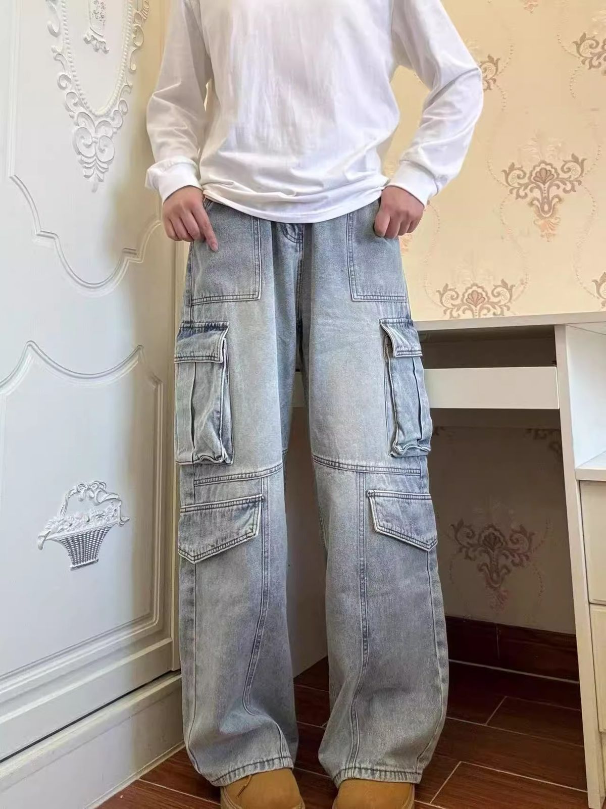 "Men's Distressed Washed Workwear Jeans – Oversized Cargo Pants With Multi-Pockets (Retro Streetwear, Heavy-Duty Denim)"_mkmklike.com