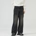 Men's Retro Black And Gray Elastic Waist Jeans Loose Straight Leg Wide Leg Floor Length Pants Unisex_mkmklike.com