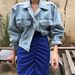 Korean Chic Oversized Denim Jacket – Cropped, Puff Sleeve, Multi-Pocket, Lapel Collar (One Size, Dark/Light Blue/Pink, 90s Retro Streetwear)_mkmklike.com