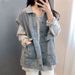 Chicco Vintage Distressed Patchwork Leather Denim Jacket For Women, Unique Design, Casual Loose Fit, Petite Short Stylish Top_mkmklike.com