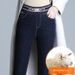 Women's Wool Denim Jeans, High-waisted, Winter Outerwear, Fleece-lined, Thickened Cotton Pants, Slimming, Extra Thick,_mkmklike.com