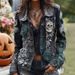 Women's Boho Embroidered Floral Denim Jacket, Vintage Green Purple 3D Rose Beaded Long Sleeve Cropped Coat, Casual Streetwear Outerwear For Daily Week_mkmklike.com