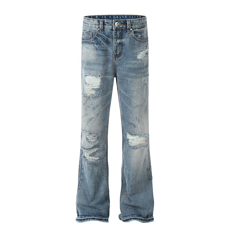 Men's Clothing High Street Hole Washed Design Flared Jeans American Street High Cleanfit Men And Women Mopping Trousers_mkmklike.com