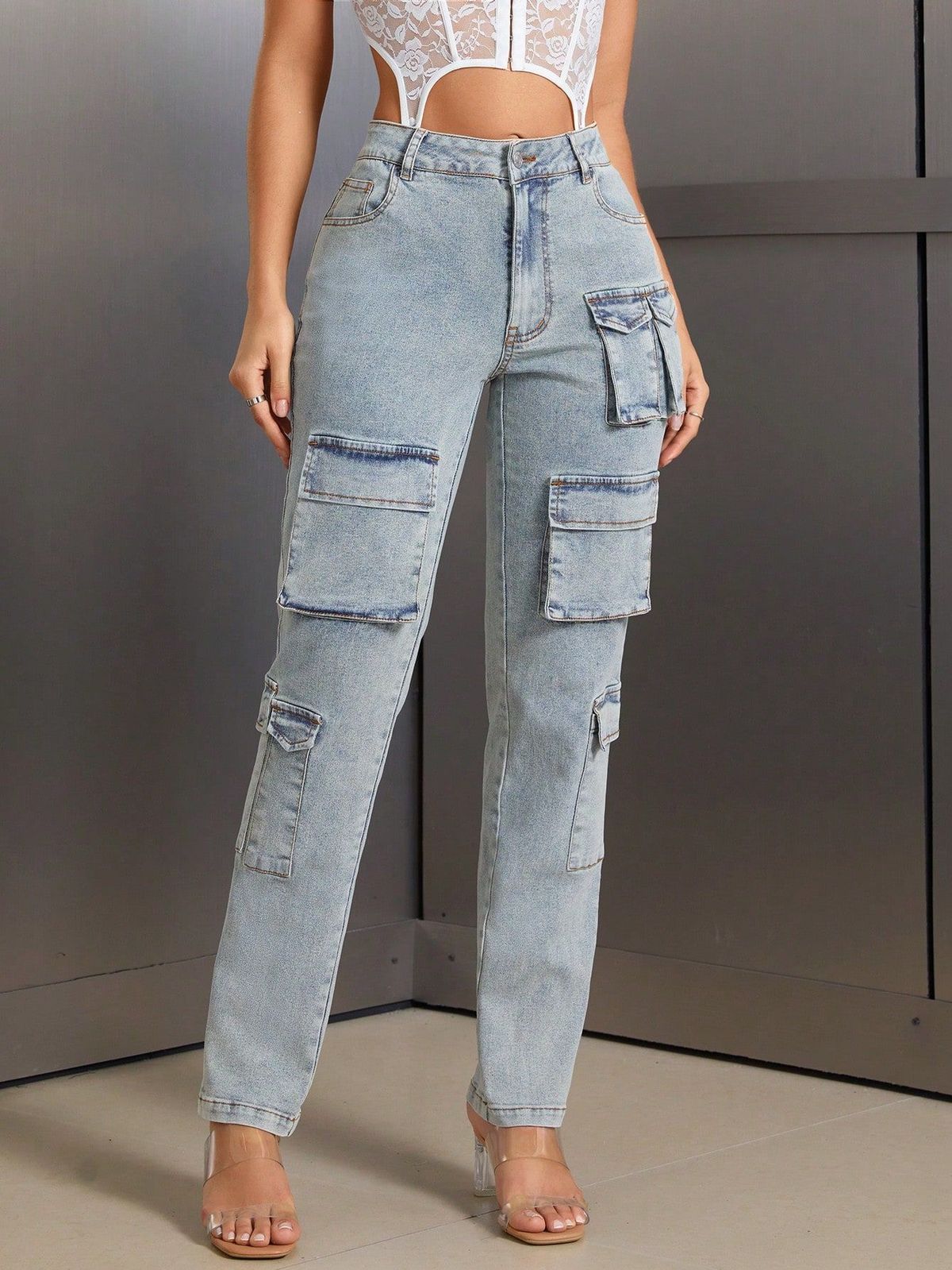 Women's Clothing Ins New Multi Pocket Workwear Denim Trousers_mkmklike.com