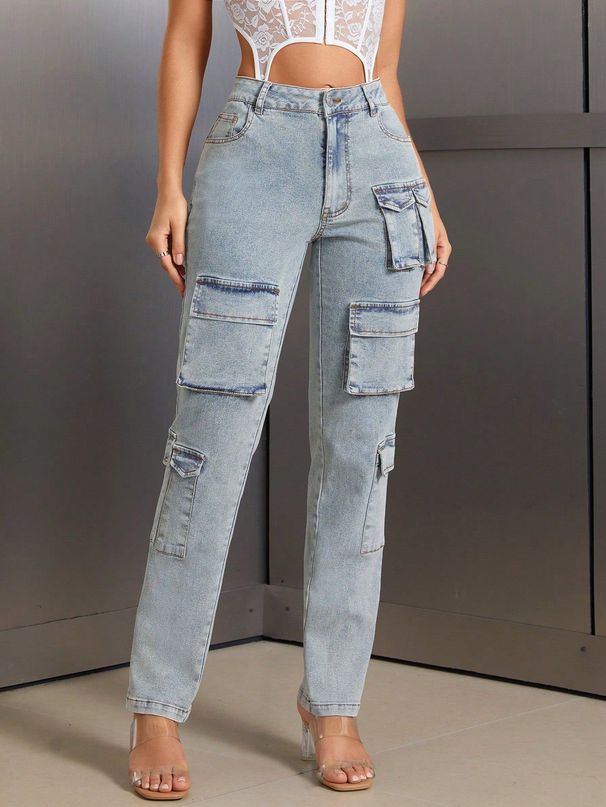 Women's Clothing Ins New Multi Pocket Workwear Denim Trousers_mkmklike.com