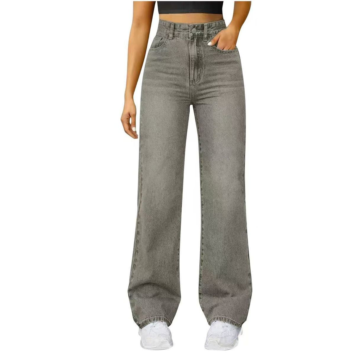 Women's Relaxed Straight-Leg Jeans - High Stretch Cotton-Polyester Blend (S-XXL, Gray/Navy/Light Blue/Black/Space Gray, Distressed Wash)_mkmklike.com