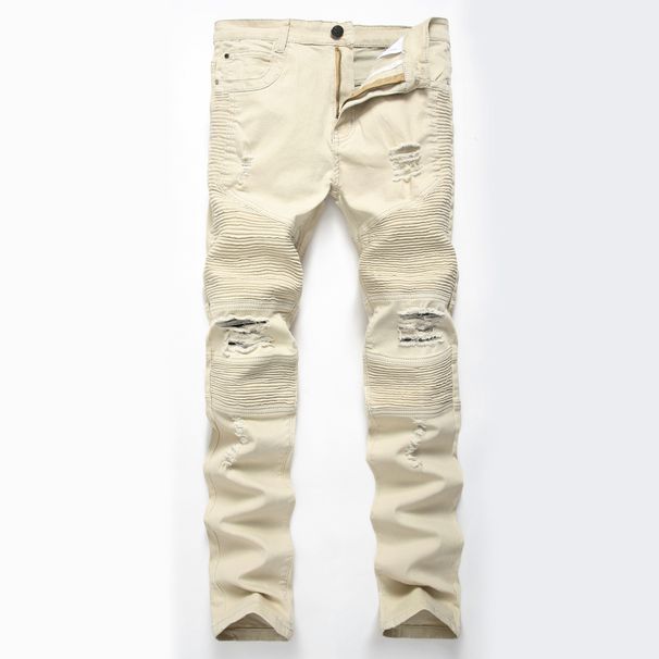 Street Style Motorcycle Men's Personality Wrinkled Slim Fit Skinny Pants Stretch Ripped Jeans_mkmklike.com