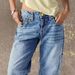 Women's Relaxed Fit Straight Leg Jeans With Vintage Wash, Medium Blue Stretchy Comfort Denim Trousers For Everyday Wear_mkmklike.com