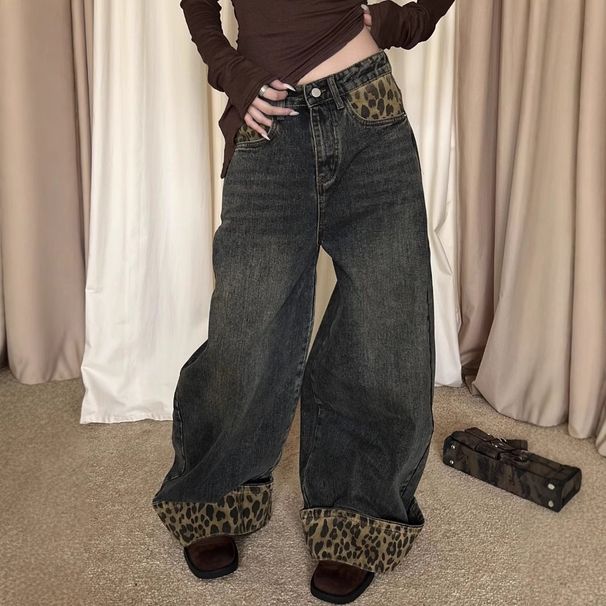 Yzi Retro Jeans For Women, Trendy And Versatile, American-style Rolled Hem 2k Leopard Print Wide-leg Pants, Niche_mkmklike.com