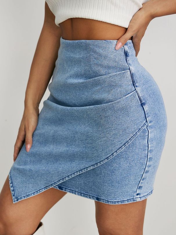 Women's Clothing New High Waist Pleated Irregular Denim Hip Skirt_mkmklike.com
