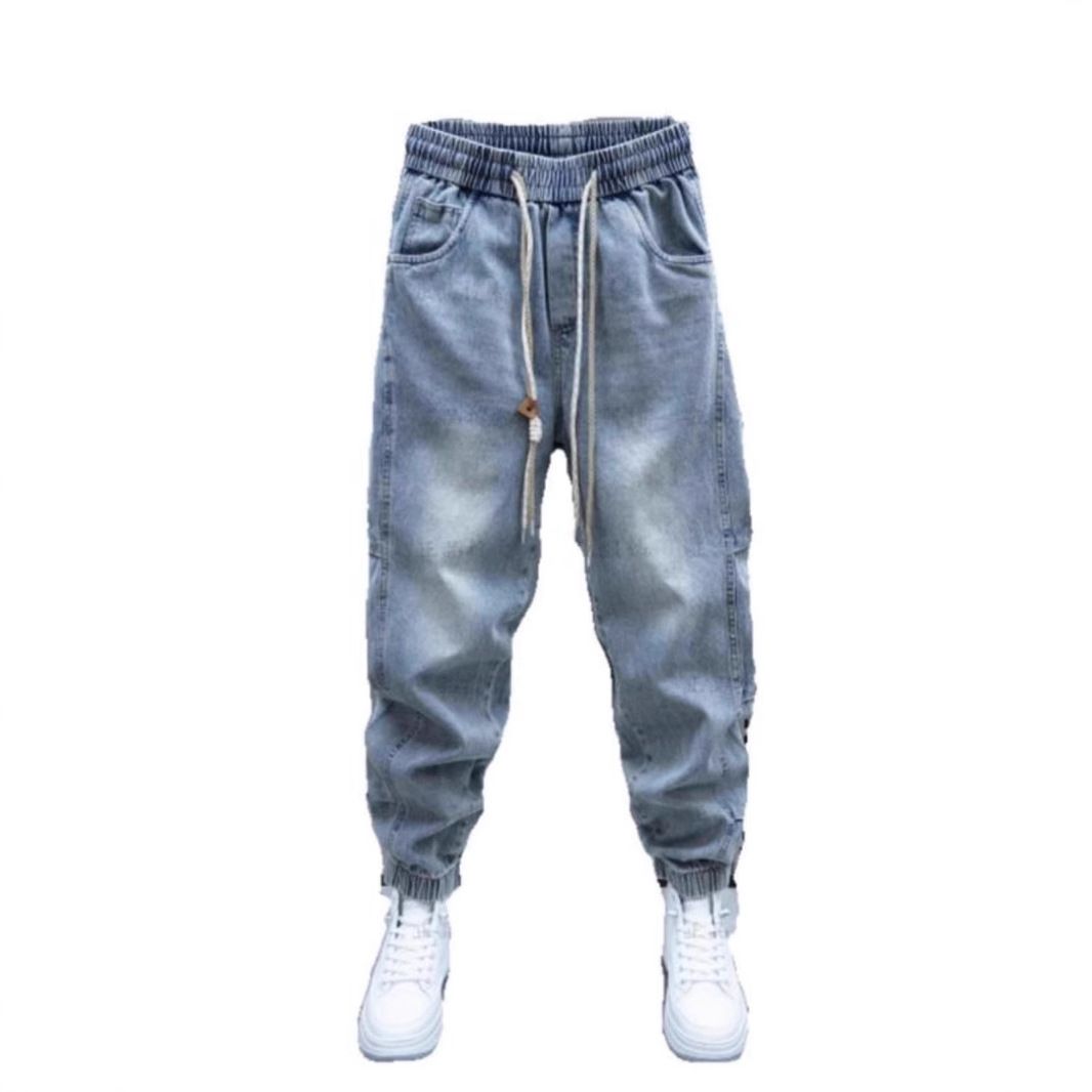 Men's Trendy Washed Distressed Harem Jeans Loose Fit Drawstring Cuffs Low Waist Casual Blue Jeans Spring Autumn Style_mkmklike.com